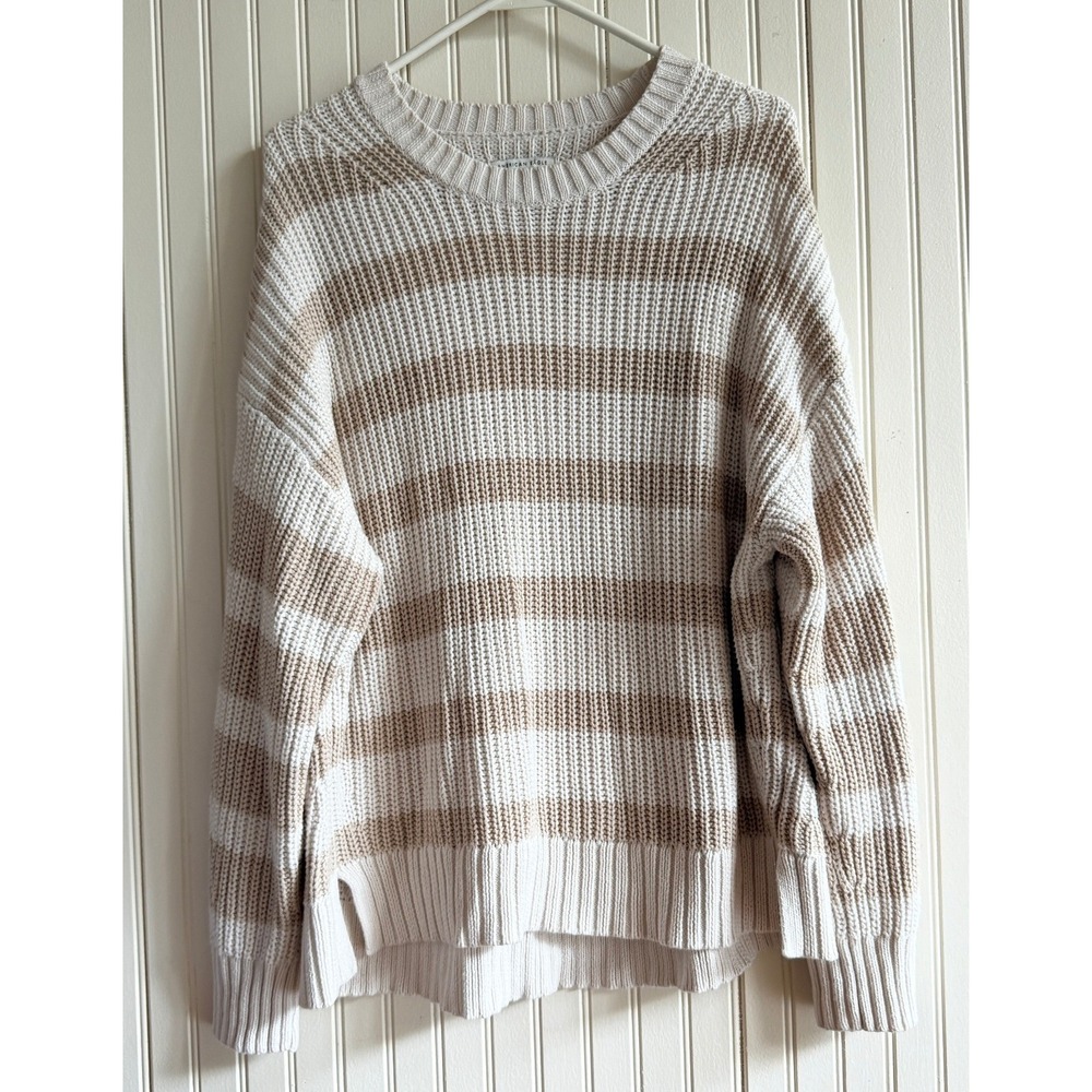 American Eagle Striped Shaker Knit Sweater Tan Cream Oversized Crewneck Medium - Picture 1 of 7